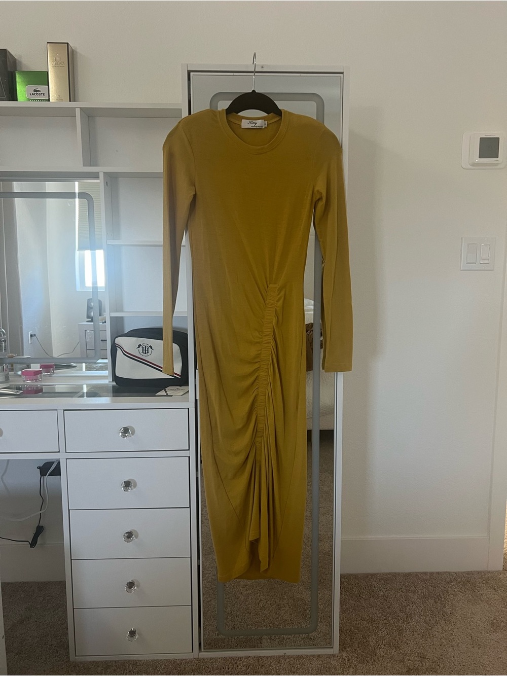 Long Sleeve Ruched Midi Dress in Mustard